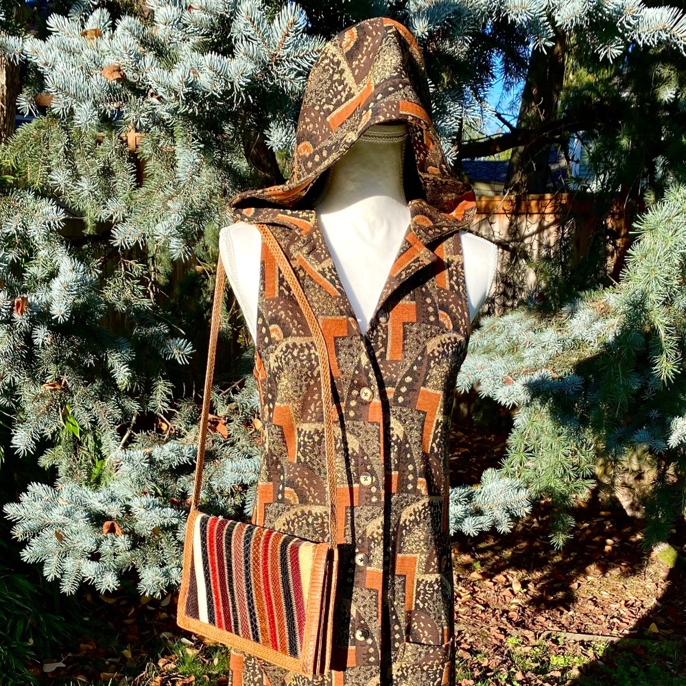DESIGNER Hans METZEN Vintage Hooded Long Vest Lurex Dress Festival Overdress